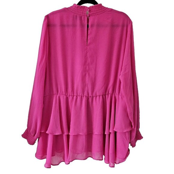 Torrid Top 3X Pink Babydoll Semi Sheer High Smocked NeckCuffs Long Sleeve Ruffle - Picture 2 of 16